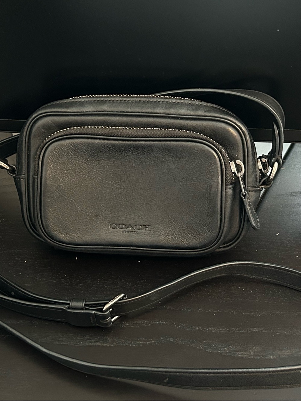 Coach Black Leather Belt Bag with Front Pocket
